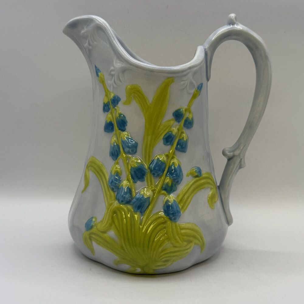 Vintage Painted Embossed Ceramic Blue Bell Pitcher 7”